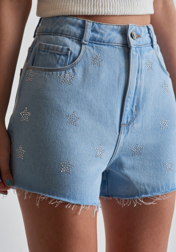Encontraproduto.com.br - Short jeans blue claro com estrelas de brilhos