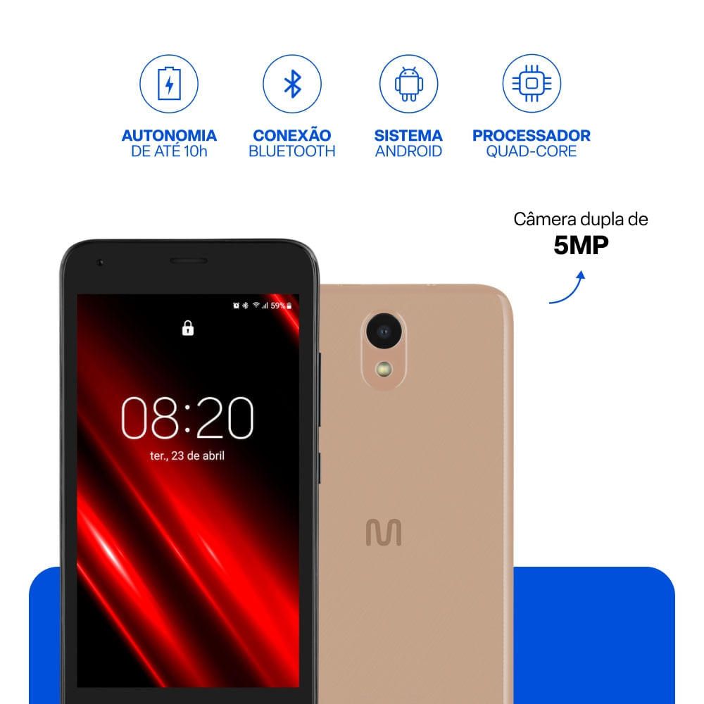 Encontraproduto.com.br - Smartphone Multi E Pro 4G 32GB Wi-Fi 5 pol. Dual Chip Câmera 5MP + 5MP Android 11 (Go edition) Dourado - P9151OUT [Reembalado]