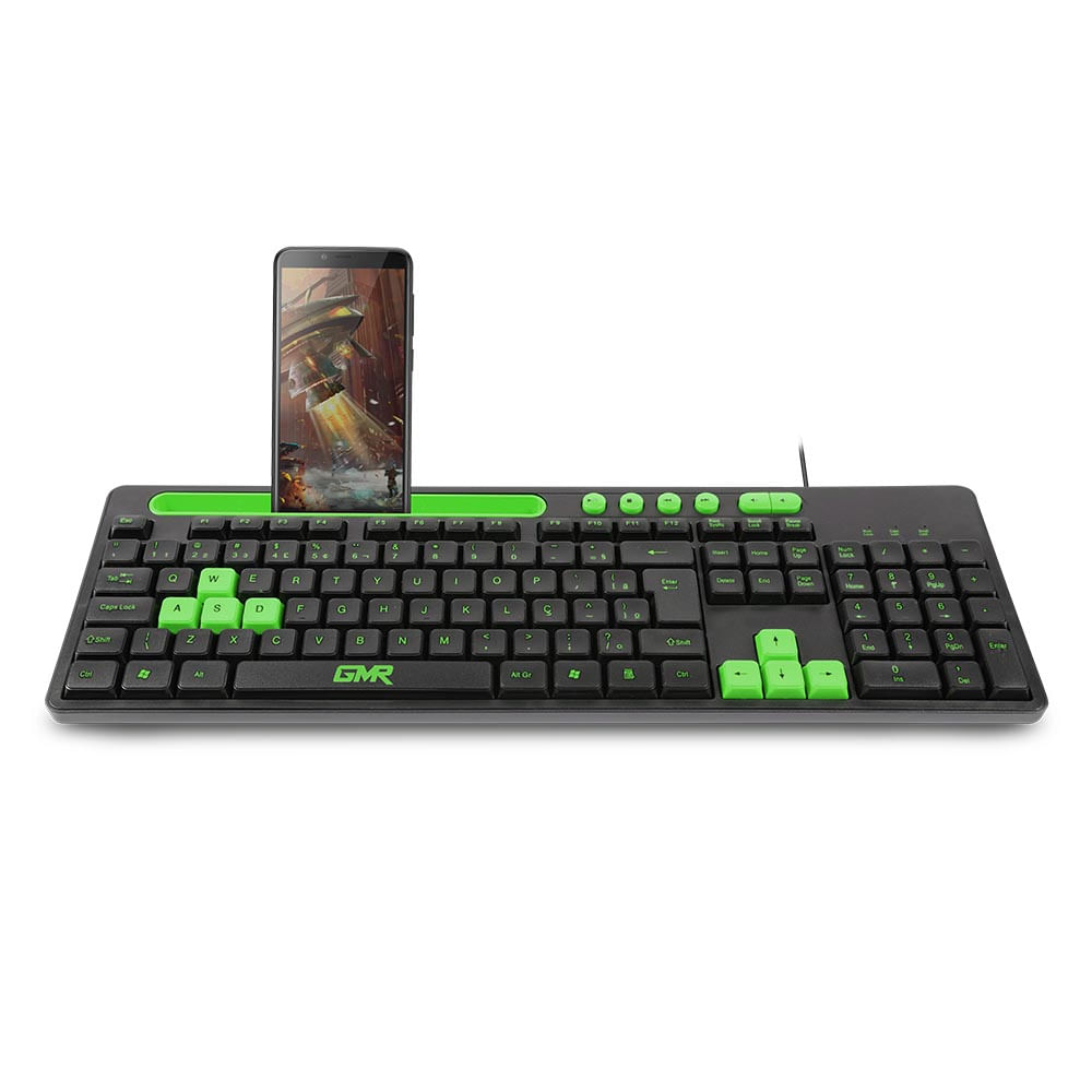 Encontraproduto.com.br - Teclado GK120 Preto/Verde com Suporte de Smartphone - TC265OUT [Reembalado]