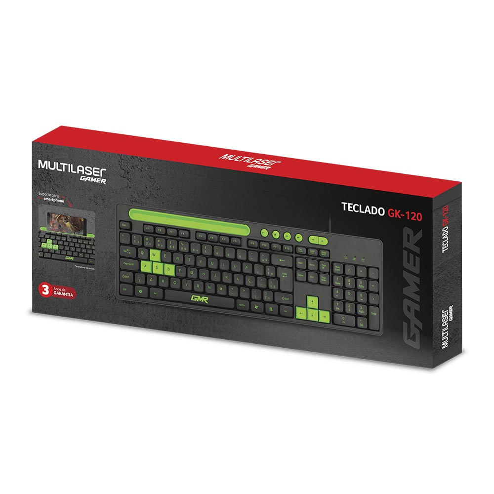 Encontraproduto.com.br - Teclado GK120 Preto/Verde com Suporte de Smartphone - TC265OUT [Reembalado]