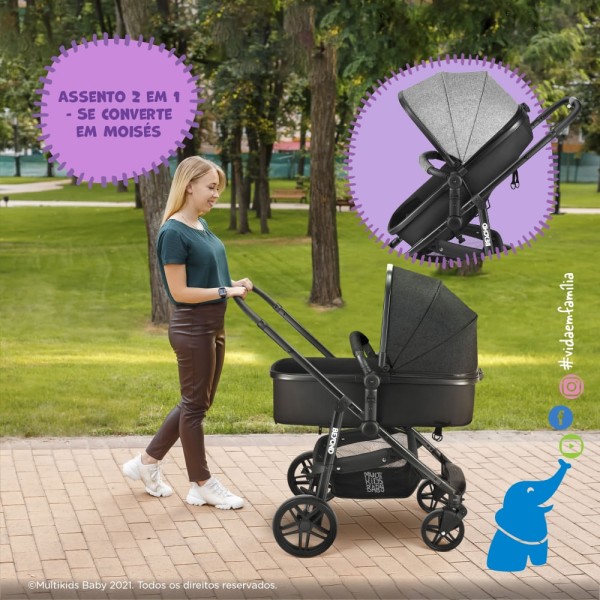 Encontraproduto.com.br - Carrinho de passeio para bebê Multikids 0-15kgs c/ berço Moises Beyond Preto - BB429OUT [Reembalado]