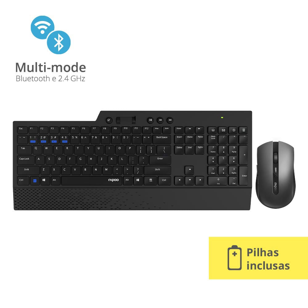 Kit Teclado e Mouse Rapoo Sem Fio BT+2.4Ghz Black 5 Anos de Garantia Pilha Inclusa 8200T - RA005OUT [Reembalado]