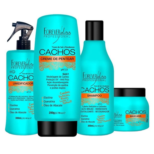 Encontraproduto.com.br - Kit Shampoo + Creme de Pentear + Umidificador + Máscara de Tratamento Forever Liss Professional Cachos