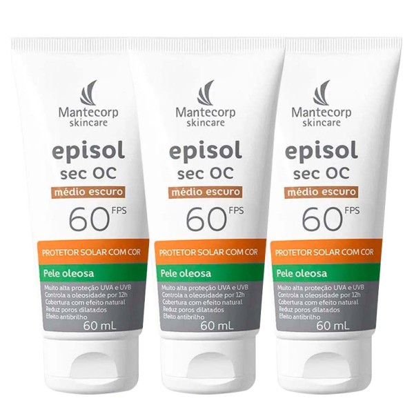 Encontraproduto.com.br - Mantecorp Episol Sec Oc Kit com 3 Unidades – Protetor Solar Facial FPS60 – Médio Escuro 60ml