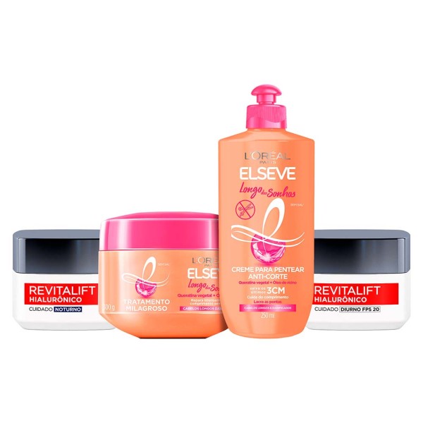 Encontraproduto.com.br - L’Oréal Paris Kit – Revitalift Hialurônico Diurno FPS20 + Noturno + Creme de Tratamento Longo dos Sonhos + Creme de Pentear