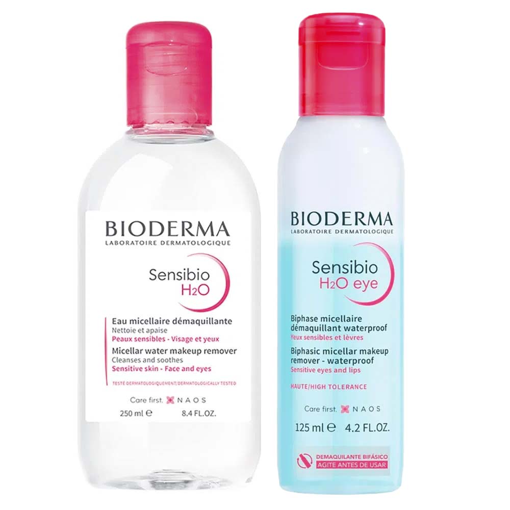 Encontraproduto.com.br - Bioderma Kit – Água Micelar Bifásica para Olhos e Lábios Sensibio H2O Eye 125ml + Água Micelar Calmante Sensibio H2O Solution Micellaire 250ml