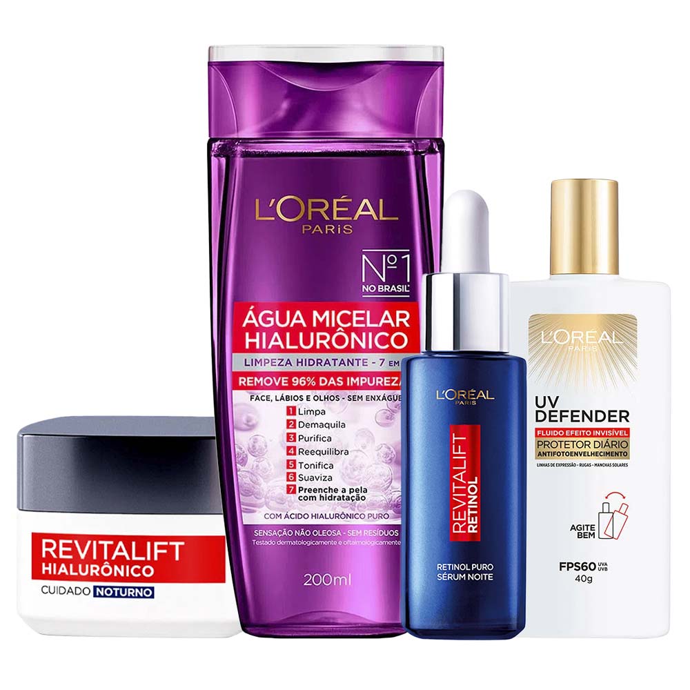 L’Oréal Paris Kit – Água Micelar 200ml + Sérum Antirrugas Noturno 30ml + Creme Anti-Idade Noturno 49g + Protetor Solar Facial Fluido FPS60 40g