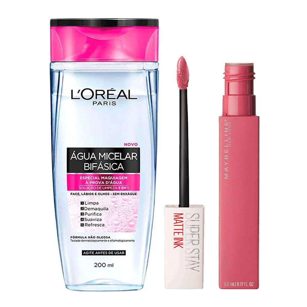 LOréal Paris + Maybelline Kit - Água Micelar Bifásica + Batom Líquido Longa Duração Lover