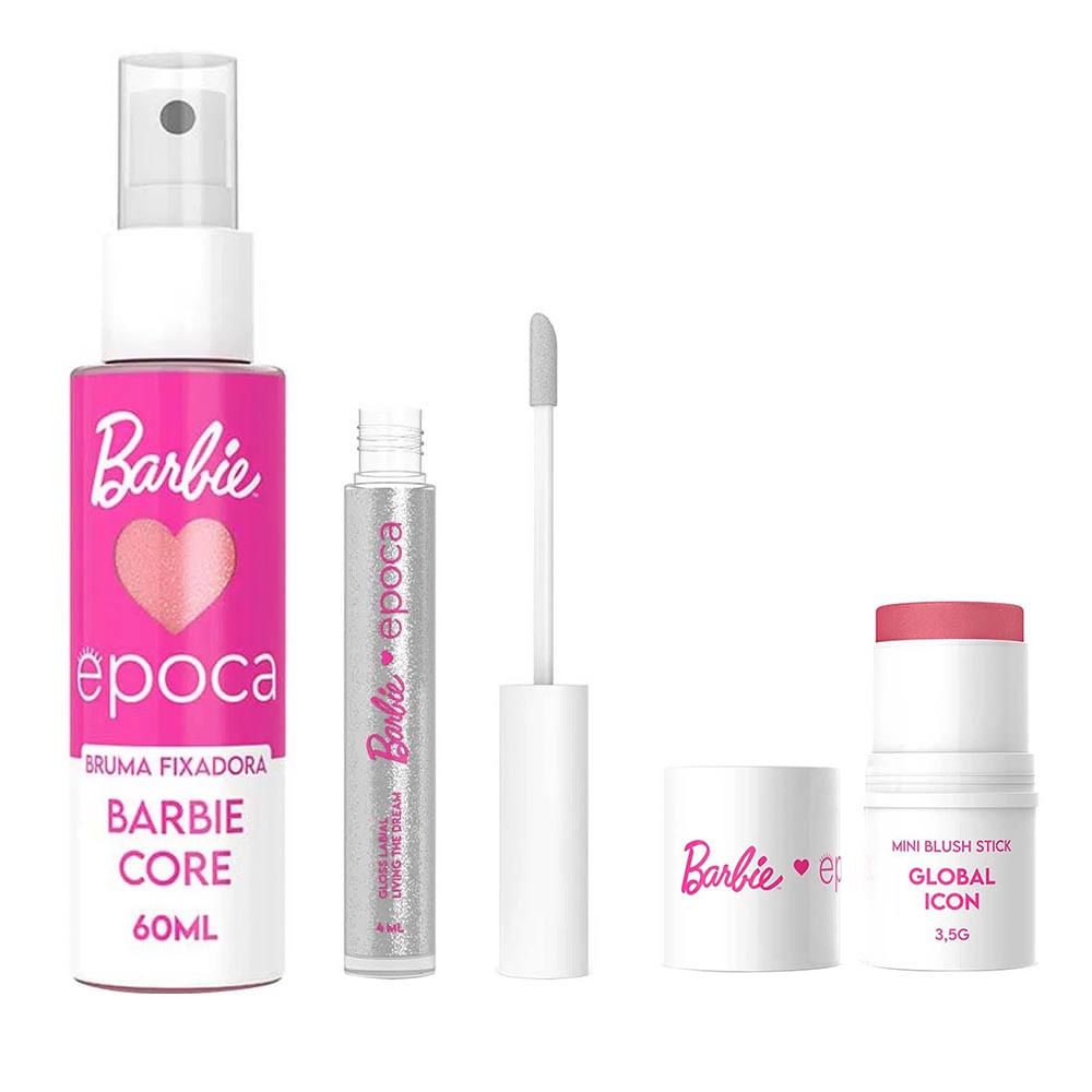 Barbie By Época Kit – Gloss Labial + Bruma Fixadora + Blush em Bastão