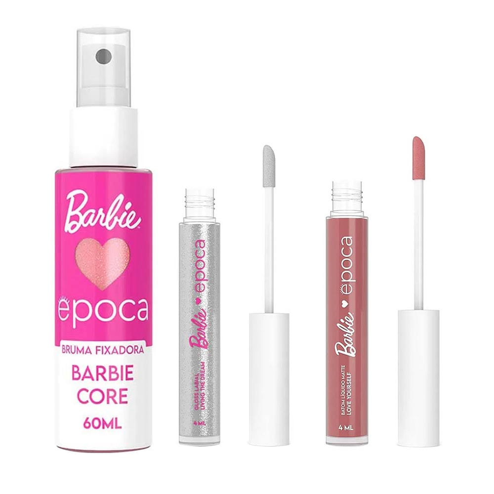 Barbie By Época Kit – Gloss Labial + Bruma Fixadora + Batom Líquido