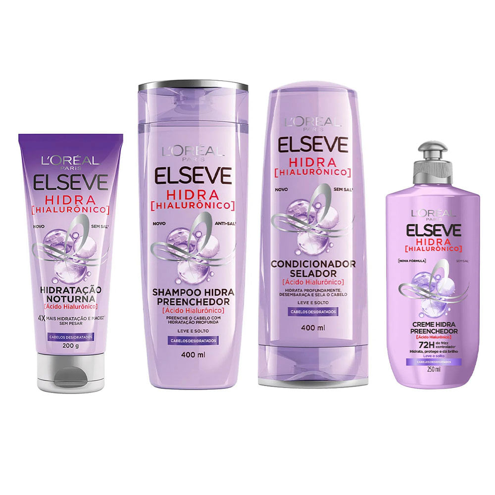 LOréal Paris Elseve Hidra Hialurônico Kit - Shampoo + Condicionador + Creme para Pentear + Creme Noturno