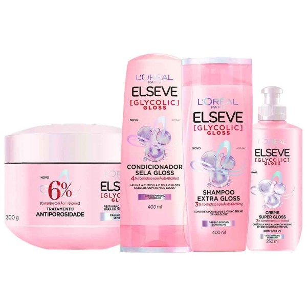 Encontraproduto.com.br - Elseve Glycolic Gloss Kit - Shampoo + Condicionador + Creme de Tratamento + Creme Super Gloss