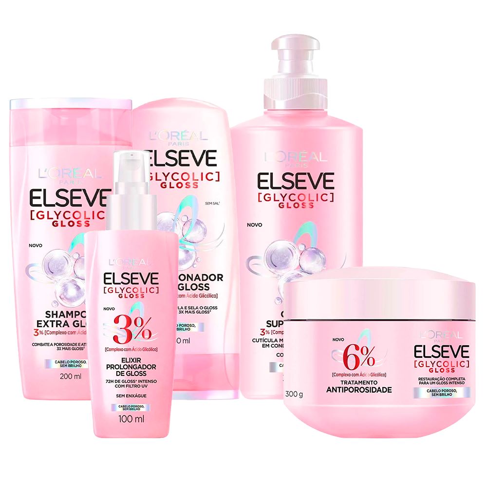 Encontraproduto.com.br - Elseve Glycolic Gloss Kit - Shampoo + Condicionador + Creme Super Gloss + Creme de Tratamento + Sérum
