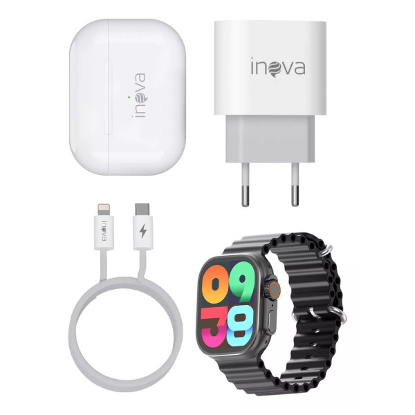 Encontraproduto.com.br - Kit Smartwatch Inova Com Pulseira Respiravel Preto Fone E Carregador (MP)