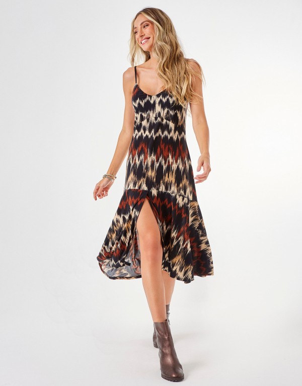 Encontraproduto.com.br - Vestido Midi Estampado Ikat Preto