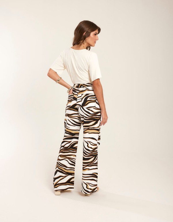 Encontraproduto.com.br - Calça Pantalona Sarja Estampada - Areia