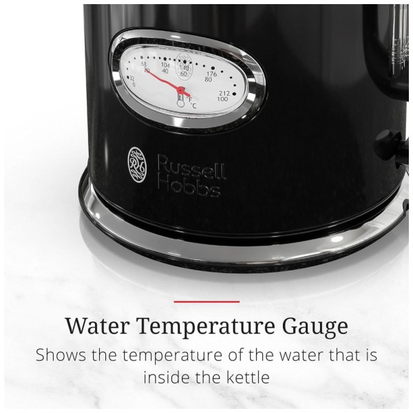 Encontraproduto.com.br - Chaleira Elétrica Retrô, 1,7L, Aço Inoxidável, 110v, RUSSELL HOBBS KE5550BKR, Preto