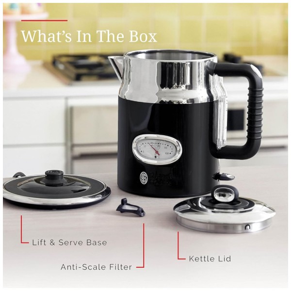Encontraproduto.com.br - Chaleira Elétrica Retrô, 1,7L, Aço Inoxidável, 110v, RUSSELL HOBBS KE5550BKR, Preto