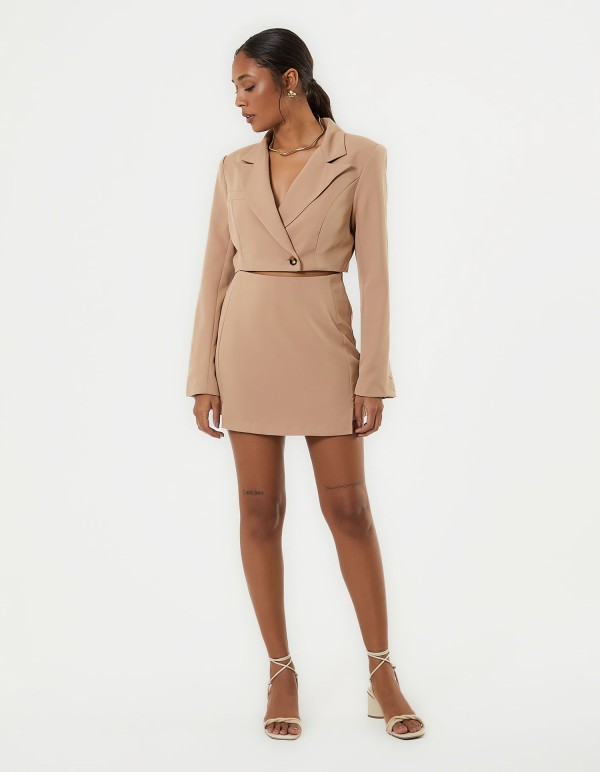 Encontraproduto.com.br - Blazer Cropped Transpassado Alfaiataria - Bege