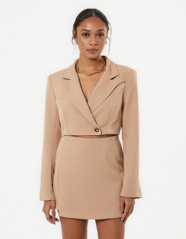 Encontraproduto.com.br - Blazer Cropped Transpassado Alfaiataria - Bege