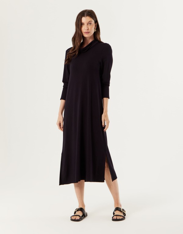 Encontraproduto.com.br - Vestido Midi Gola Alta - Preto