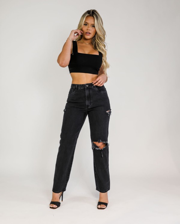 Encontraproduto.com.br - Calça Wide Loose Escura C/rasgo 02901v Unica