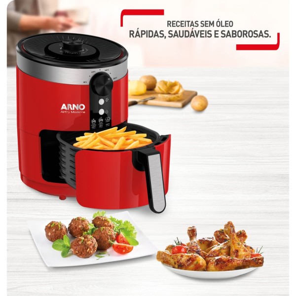 Encontraproduto.com.br - Fritadeira sem Óleo AirFry Arno Moderna com 3,5L de capacidade e  Cuba Antiaderente Vermelha VFRY
