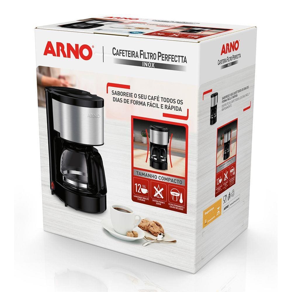 Encontraproduto.com.br - Cafeteira Filtro Perfectta Inox 600 Ml e Jarra de Vidro CFPI Arno