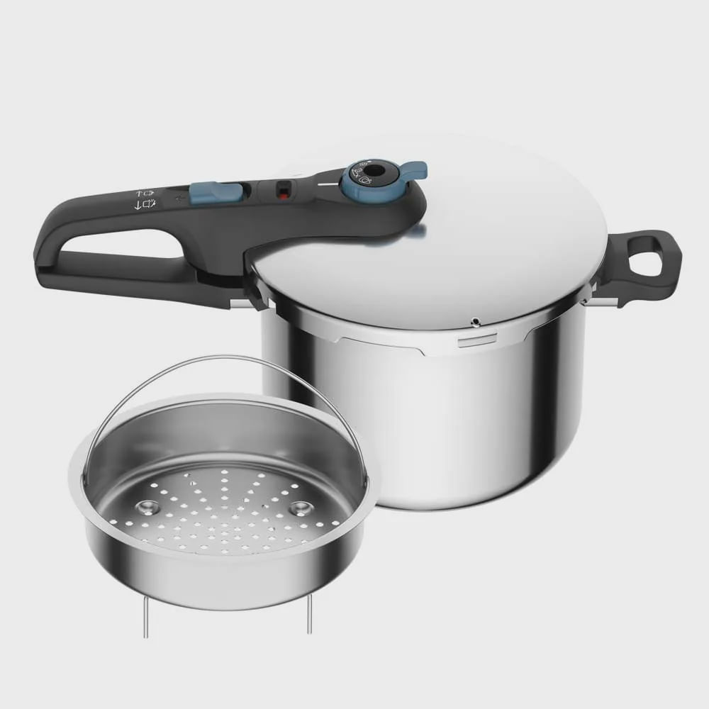 Encontraproduto.com.br - Panela de Pressão Rochedo Trendy em Aço Inox e Fechamento Externo com Cesta de Vapor – 6 L