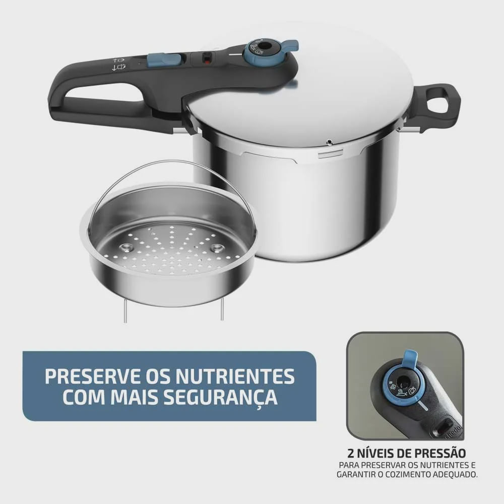 Encontraproduto.com.br - Panela de Pressão Rochedo Trendy em Aço Inox e Fechamento Externo com Cesta de Vapor – 6 L