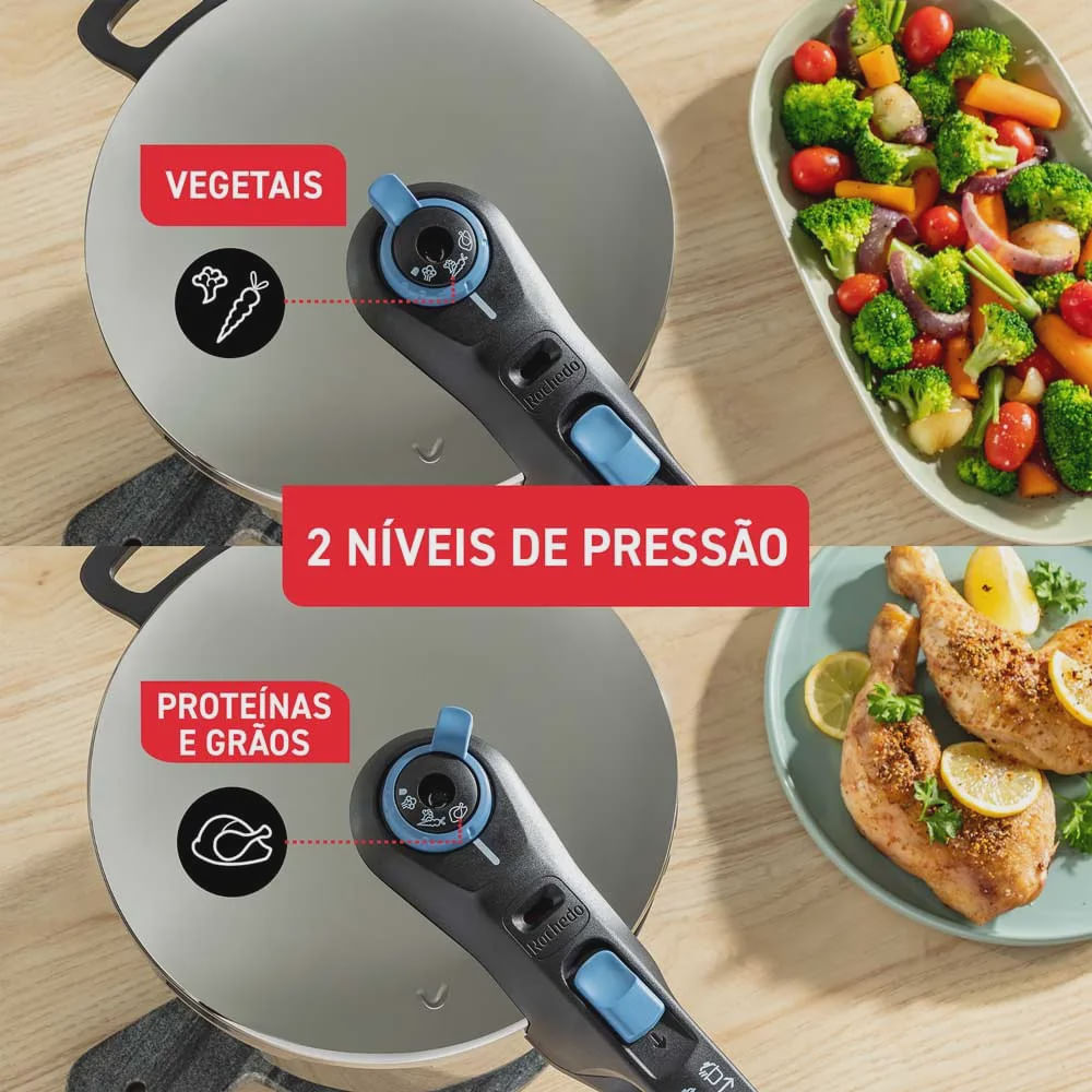 Encontraproduto.com.br - Panela de Pressão Rochedo Trendy em Aço Inox e Fechamento Externo com Cesta de Vapor – 6 L