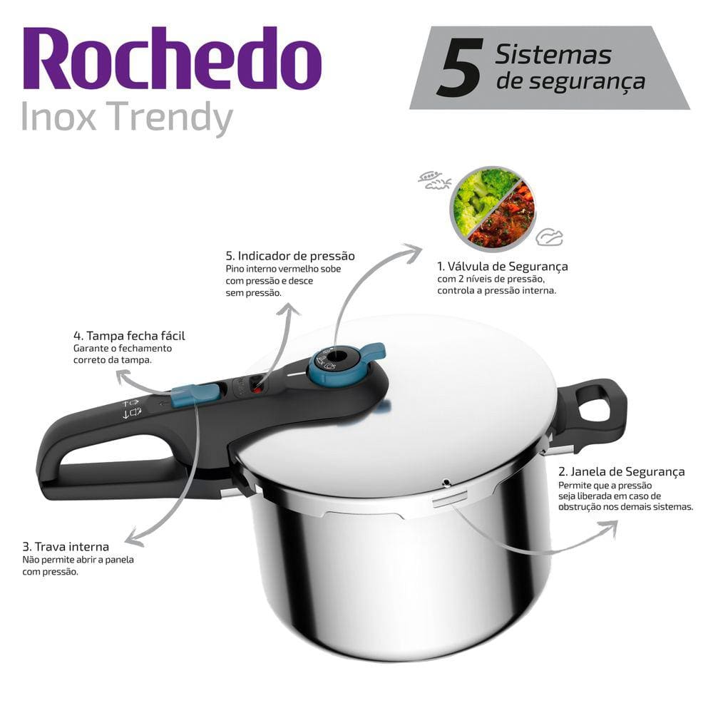 Encontraproduto.com.br - Panela de Pressão Rochedo Trendy em Aço Inox e Fechamento Externo com Cesta de Vapor – 6 L