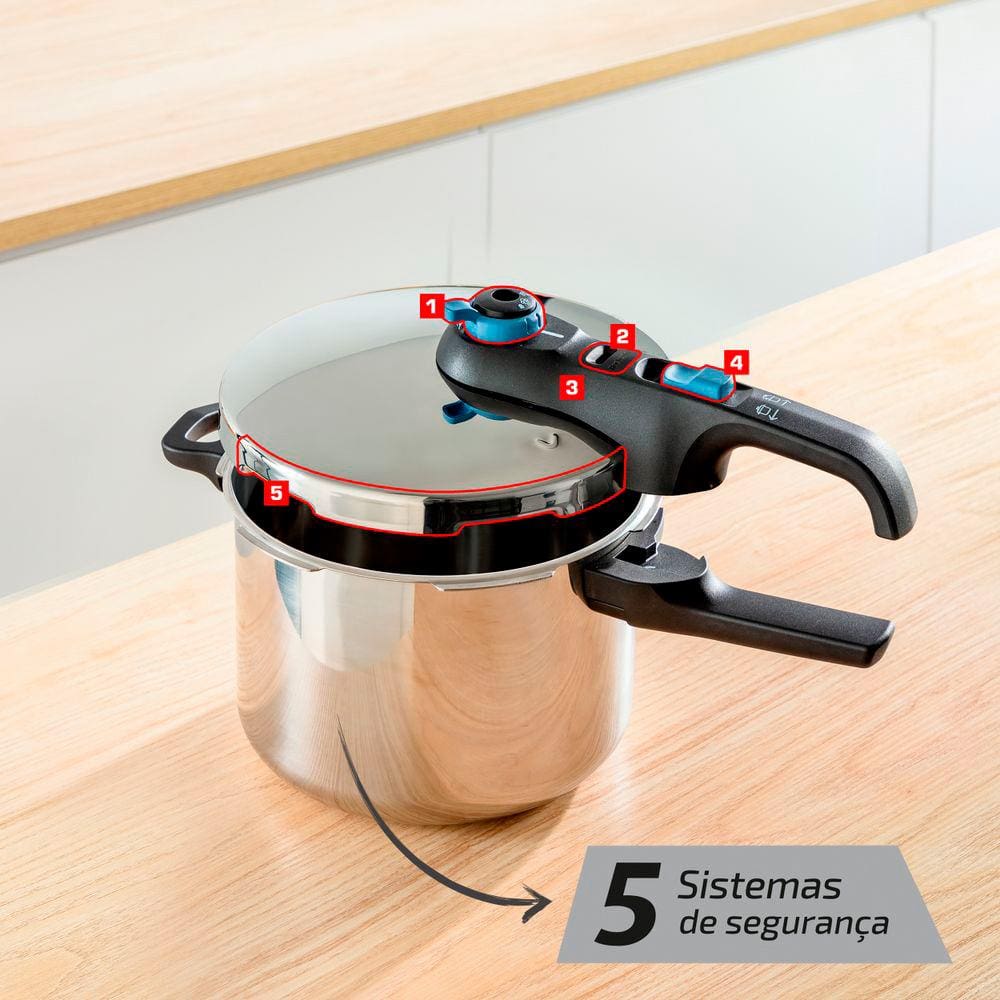 Encontraproduto.com.br - Panela de Pressão Rochedo Trendy em Aço Inox e Fechamento Externo com Cesta de Vapor – 6 L