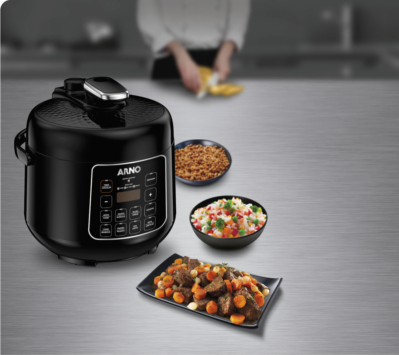 Encontraproduto.com.br - Panela de Pressão Elétrica Arno Digital Control Compacta 2,5L com Porta Fio PP25