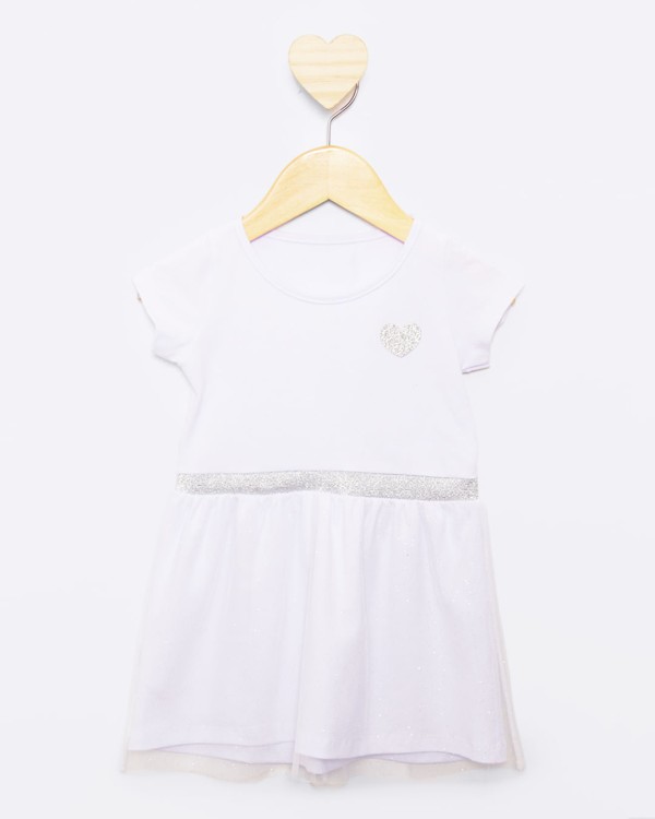 Encontraproduto.com.br - Vestido Bebê Manga Curta Com Sobreposição Saia Tule Com Glitter Branco