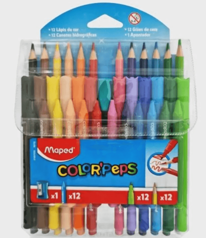 Kit Escolar Colorpeps Giz de Cera + Lápis de Cor + Canetas Hidrográficas + Apontador - MAPED
