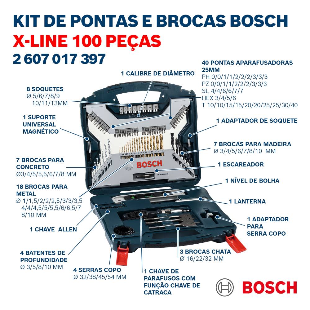 Jogo de Ferramentas Pontas e Brocas em Titânio 100 Peças X-Line Bosch