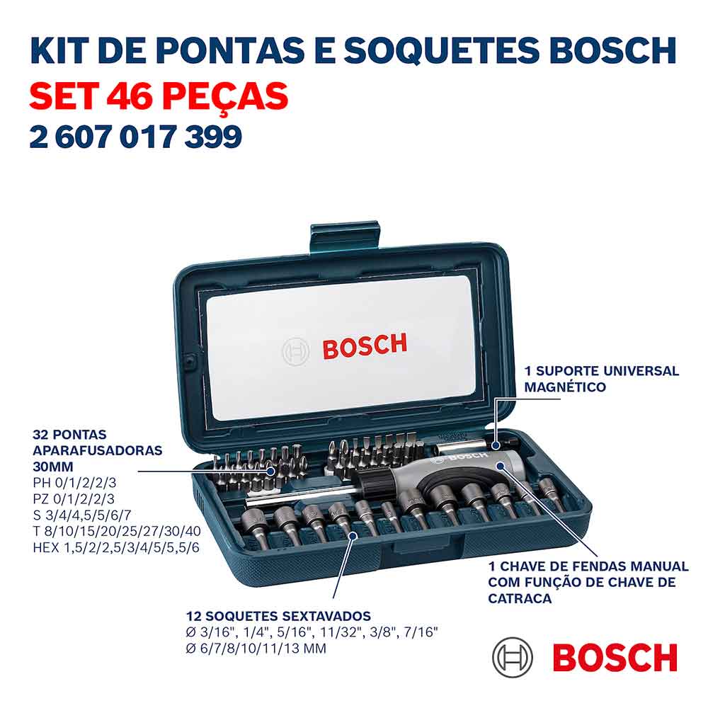Encontraproduto.com.br - Kit de pontas e soquetes para parafusar com 46 peças Bosch