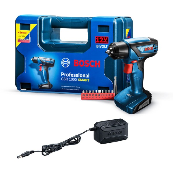 Parafusadeira Furadeira Bosch GSR 1000 Smart 12V Com 10 bits, 1 Carregador e Maleta