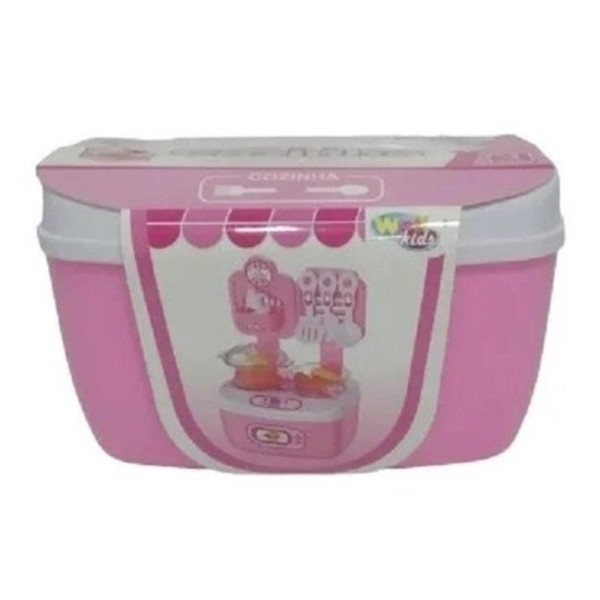 Encontraproduto.com.br - COZINHA INFANTIL COM 16 PEÇAS FOGAO PANELAS MINI BRINQUEDO PORTATIL MALETA ACESSORIOS ROSA