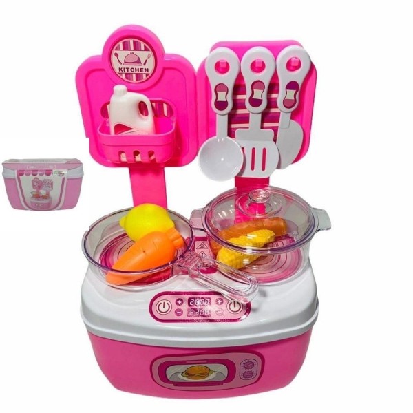 Encontraproduto.com.br - COZINHA INFANTIL COM 16 PEÇAS FOGAO PANELAS MINI BRINQUEDO PORTATIL MALETA ACESSORIOS ROSA