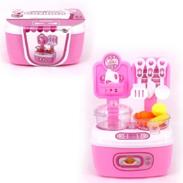 Encontraproduto.com.br - COZINHA INFANTIL COM 16 PEÇAS FOGAO PANELAS MINI BRINQUEDO PORTATIL MALETA ACESSORIOS ROSA