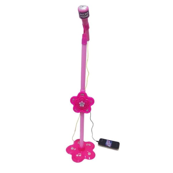 Encontraproduto.com.br - MICROFONE INFANTIL ROSA COM PEDESTAL CONECTA NO CELULAR SOM E LUZ DE LED KARAOKE ROCK GIRL