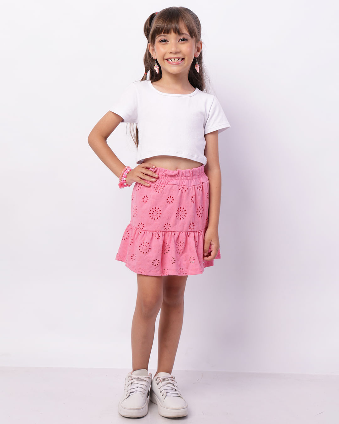 Encontraproduto.com.br - Short Saia Infantil Curto Bordado Laise Rosa