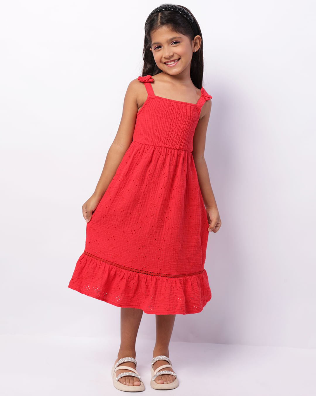 Encontraproduto.com.br - Vestido Infantil Midi Laise Texturizado Com Entremeio Vermelho