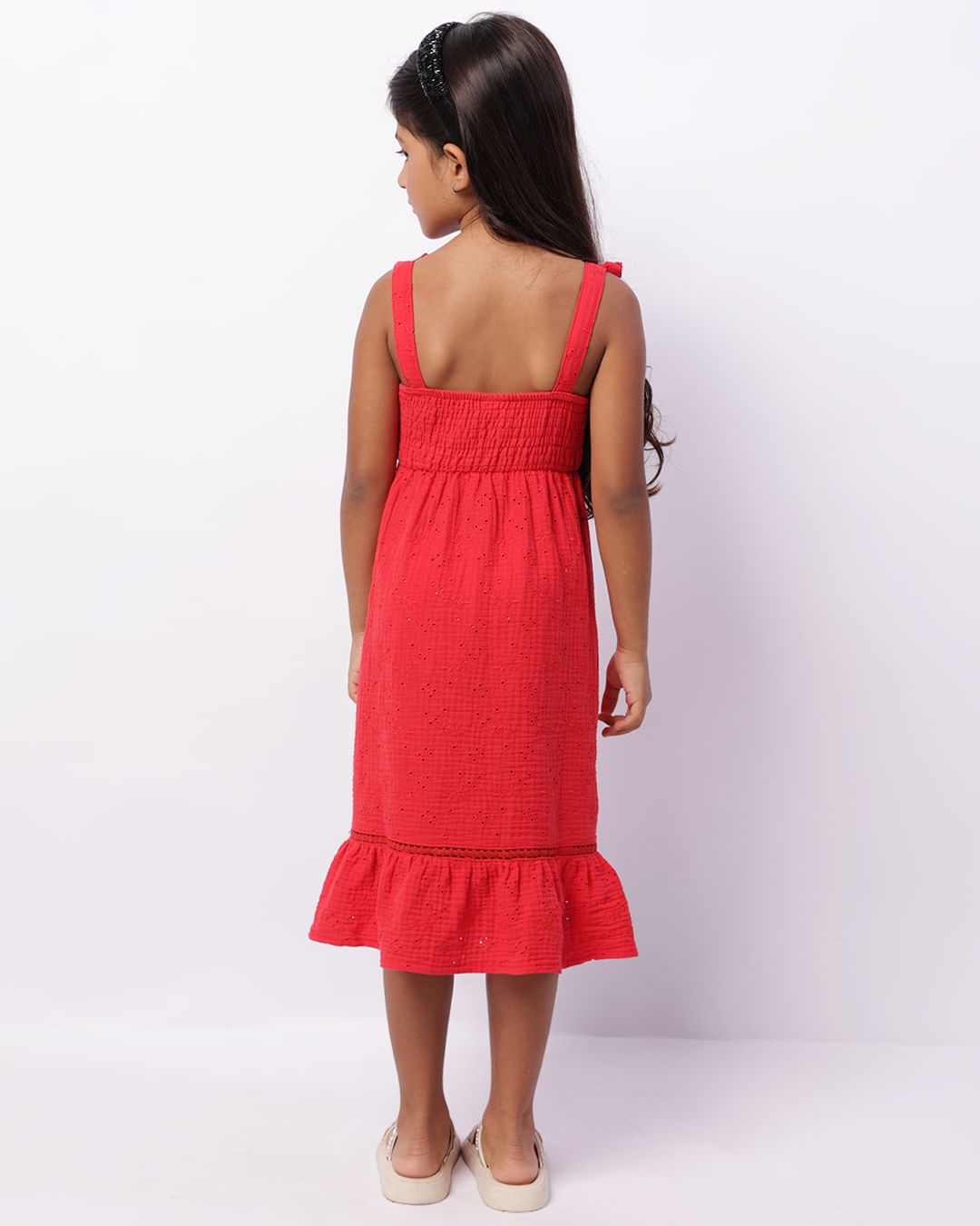 Encontraproduto.com.br - Vestido Infantil Midi Laise Texturizado Com Entremeio Vermelho