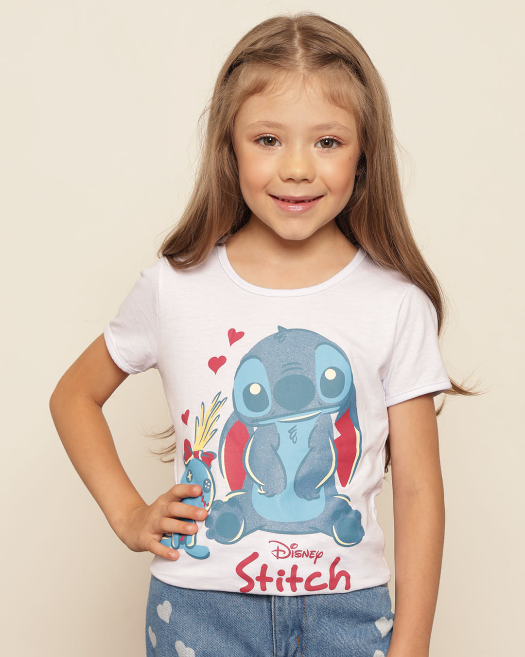 Camiseta Infantil Disney Stitch Manga Curta Branca