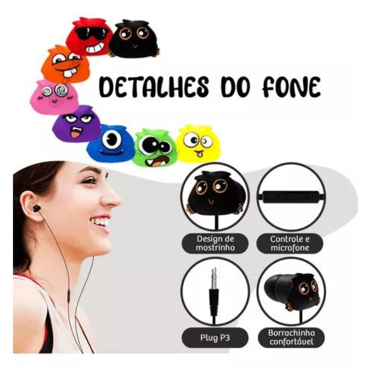 Encontraproduto.com.br - Fone De Ouvido Jellie Monster Super Bass Graves Cabo Reforçado In-ear Colorido Microfone Com Case