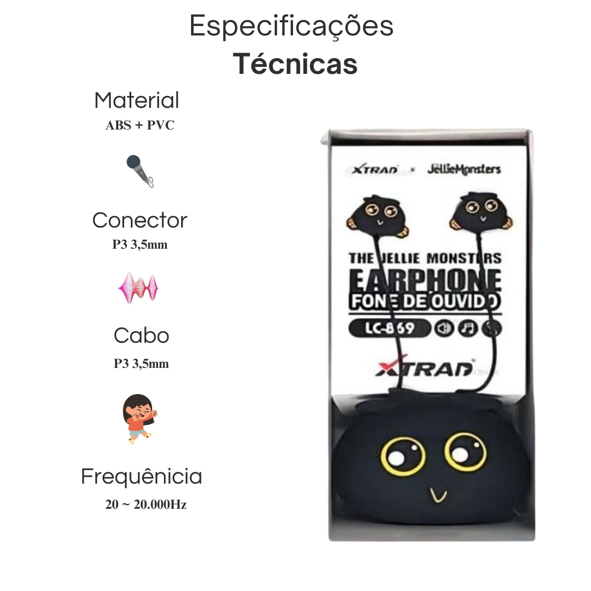 Encontraproduto.com.br - Fone De Ouvido Jellie Monster Super Bass Graves Cabo Reforçado In-ear Colorido Microfone Com Case