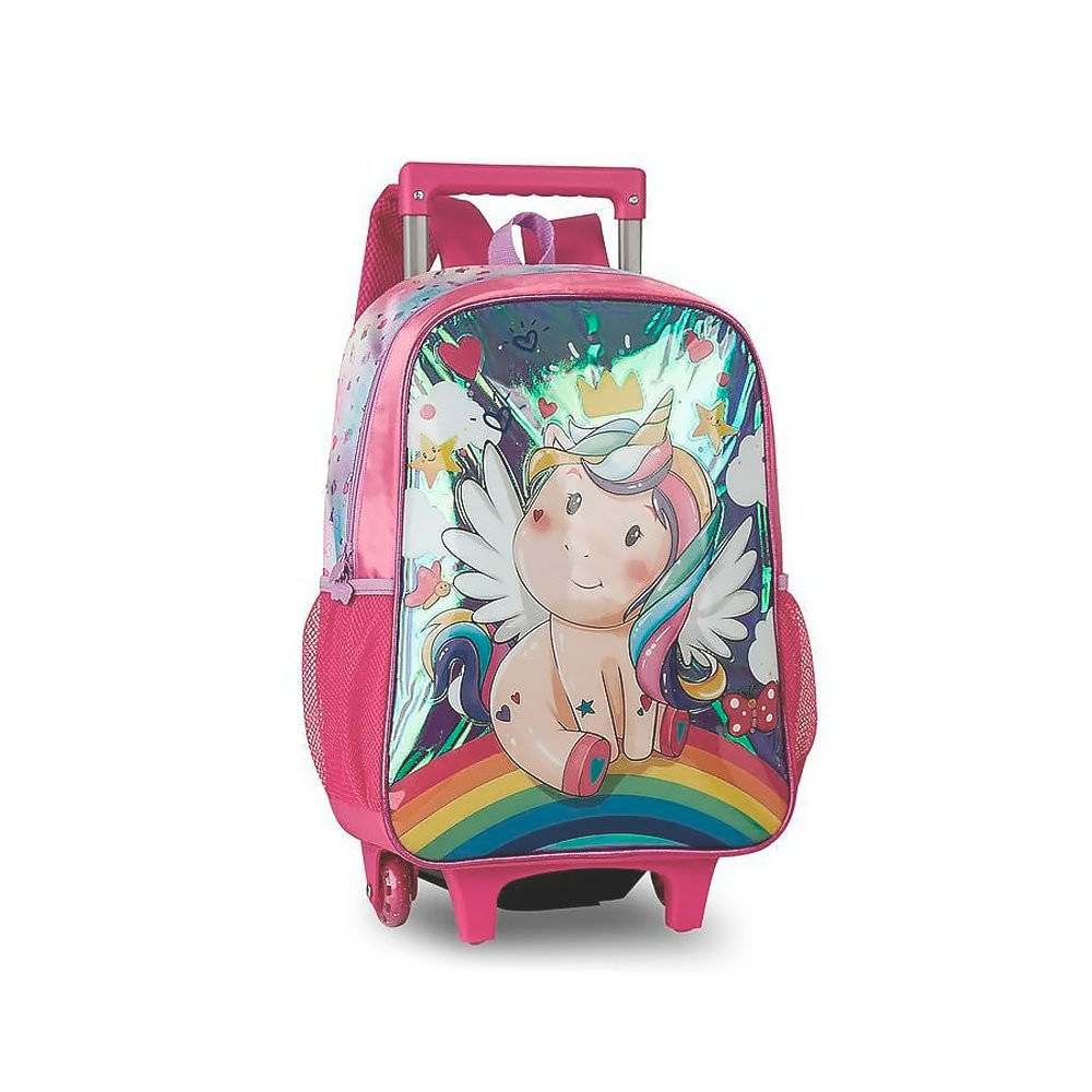 Mochila com Rodinha Estampa de Unicórnio com Alça Retrátil